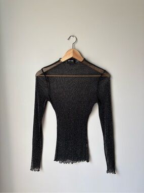 DO+BE Black Glitter Sheer Long-Sleeve Scallop Trim Mesh Top
